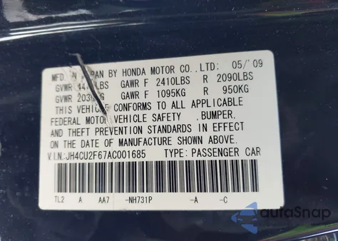 2010 Acura Tsx 2.4 из США, поврежденный, VIN JH4CU2F67AC001685